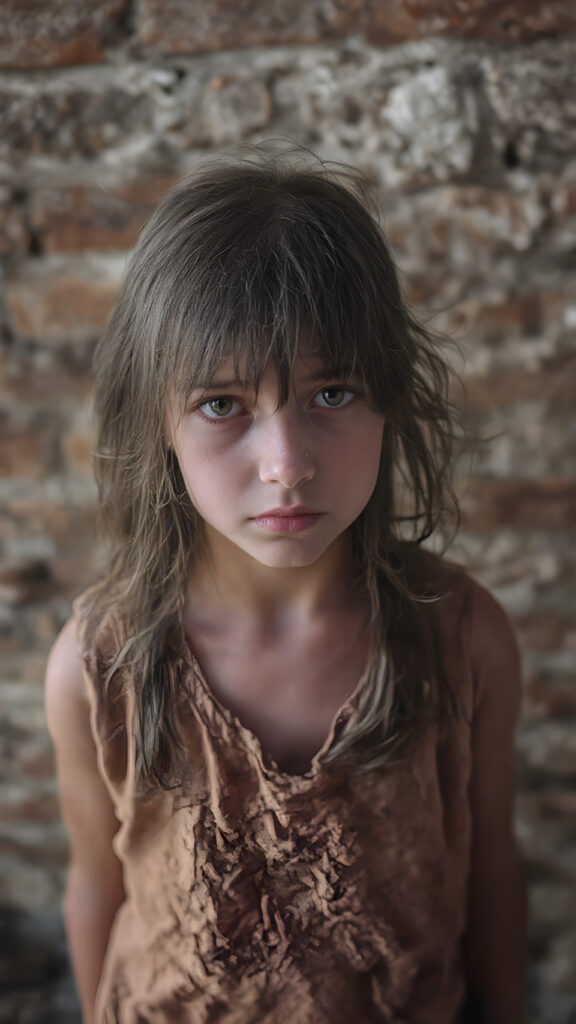 a young girl, barely dressed in torn clothes, poor, looking sadly at the viewer, long, dirty black hair, full lips, round face, tattered short t-shirt, full body, stand in front of viewer, all against a brick wall