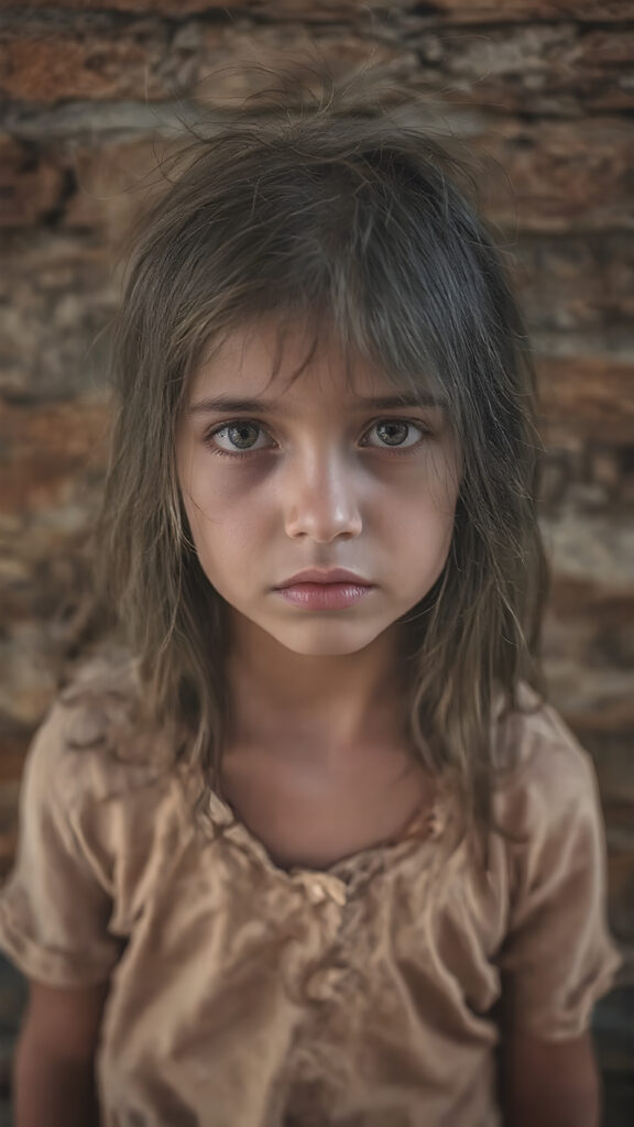 a young girl, barely dressed in torn clothes, poor, looking sadly at the viewer, long, dirty black hair, full lips, round face, tattered short t-shirt, full body, stand in front of viewer, all against a brick wall