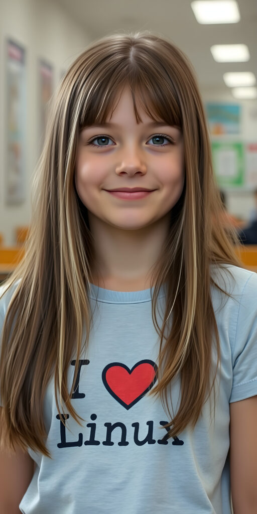 a young girl, long straight open brown soft hair with white highlights, bangs, her hair has the same length right and left, (she wears a light grey thin t-shirt with the inscription («I love Linux»)))), detailed, all against a backdrop in school