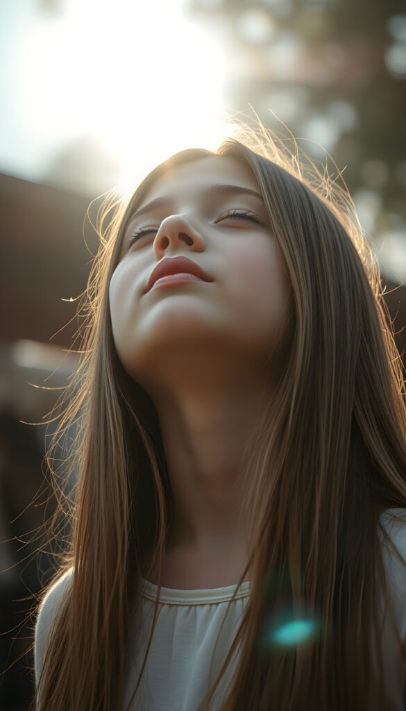a young girl, looks up, closed eyes, long straight hair falls down to her back, the sun kiss her round face, open mouth