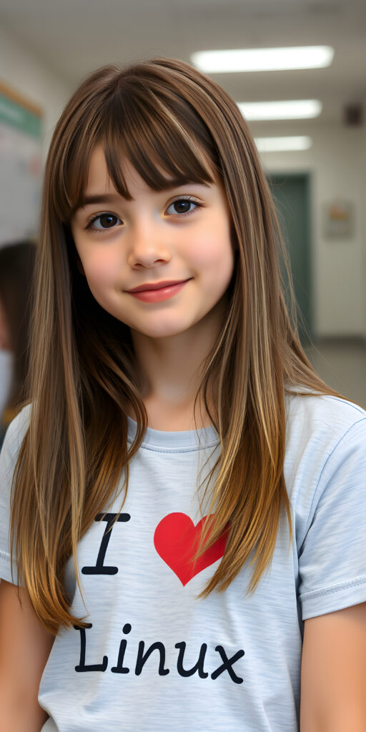 a young girl, long straight open brown soft hair with white highlights, bangs, her hair has the same length right and left, (she wears a light grey thin t-shirt with the inscription («I love Linux»)))), detailed, all against a backdrop in school