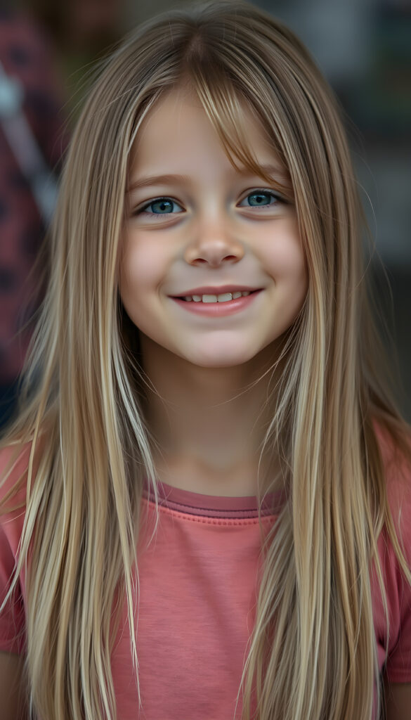 a young girl, long straight detailed blond hair with brown highlights falls down to her back, round face. She is very happy. She wears a colored t-shirt.