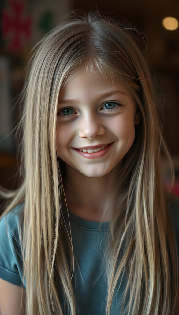 a young girl, long straight detailed blond hair with brown highlights falls down to her back, round face. She is very happy. She wears a colored t-shirt.