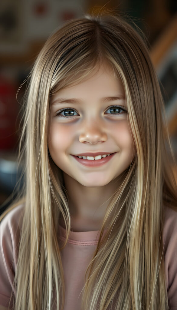 a young girl, long straight detailed blond hair with brown highlights falls down to her back, round face. She is very happy. She wears a colored t-shirt.