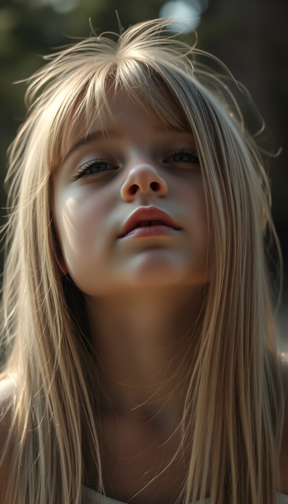 a young girl, looks up, closed eyes, long straight blond hair with brown highlights falls down to her back, the sun kiss her round face, wide open mouth
