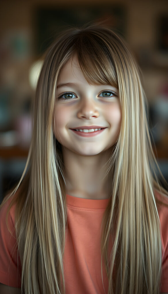 a young girl, long straight detailed blond hair with brown highlights falls down to her back, round face. She is very happy. She wears a colored t-shirt.