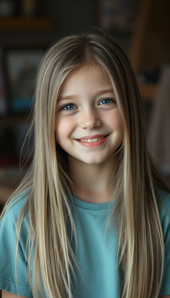 a young girl, long straight detailed blond hair with brown highlights falls down to her back, round face. She is very happy. She wears a colored t-shirt.