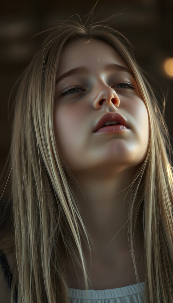 a young girl, looks up, closed eyes, long straight blond hair with brown highlights falls down to her back, the sun kiss her round face, wide open mouth
