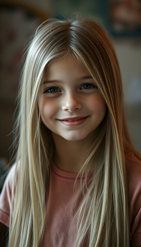 a young girl, long straight detailed blond hair with brown highlights falls down to her back, round face. She is very happy. She wears a colored t-shirt.