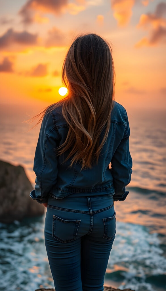 a young girl, perfect female body, with flowing light brown and blond hair in a vibrant sunset, wearing jeans and a denim jacket, seen from behind. She stands on a cliff overlooking the ocean, her silhouette outlined against the golden and orange hues of the setting sun. The scene is serene, with gentle waves crashing below and clouds painted in warm tones, creating a picturesque and romantic atmosphere.