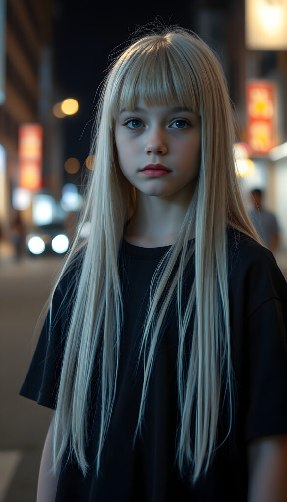 a young innocent Emo girl, very long straight platinum white soft hair falls over her body, bangs cut frame her face, same length, plain black dressed, night, alone in the street