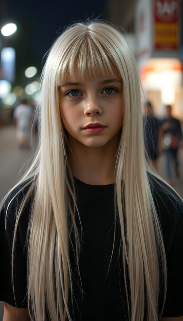 a young innocent Emo girl, long straight platinum white soft hair falls over her body, bangs cut frame her face, same length, plain black dressed, night, alone in the street