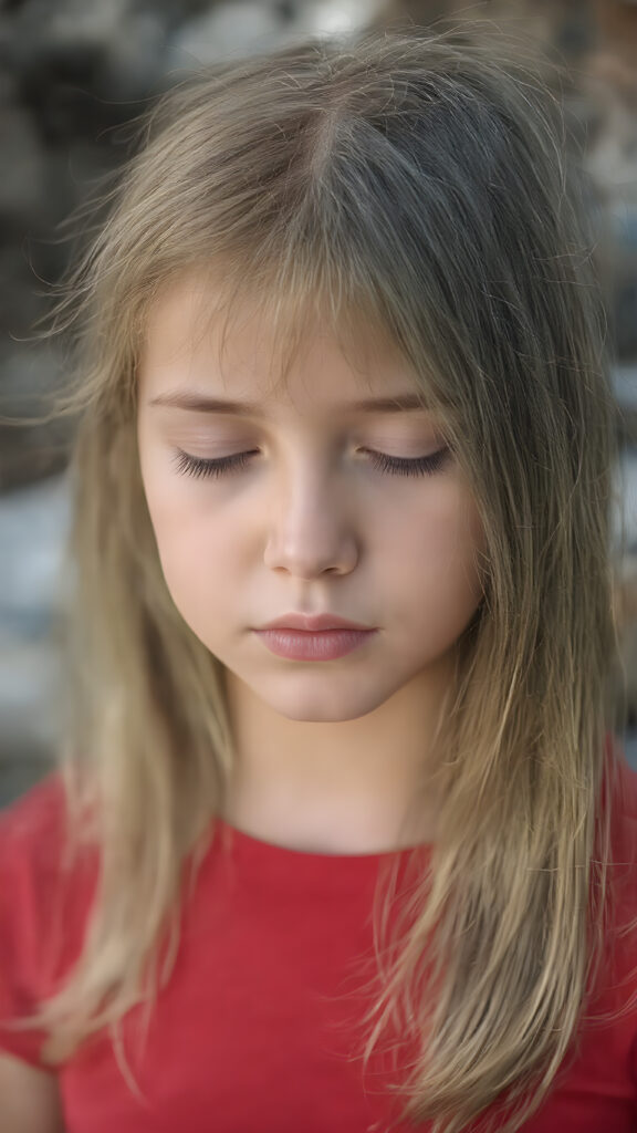 a young girl, wears a tight, short red T-shirt, closed eyes, slightly open mouth, long, straight soft blond brown hair falls elegantly over her shoulders, full lips, round face