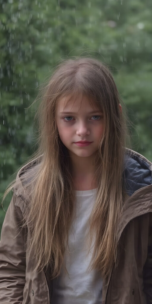 a young girl wears a jacket, the jacket is open, underneath she wears a white t-shirt, she has long, straight wet dark blond hair and stands in heavy rain in a natural green backdrop