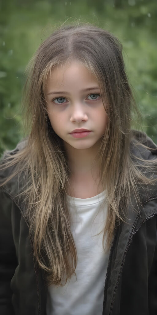 a young girl wears a jacket, the jacket is open, underneath she wears a white t-shirt, she has long, straight wet dark blond hair and stands in heavy rain in a natural green backdrop
