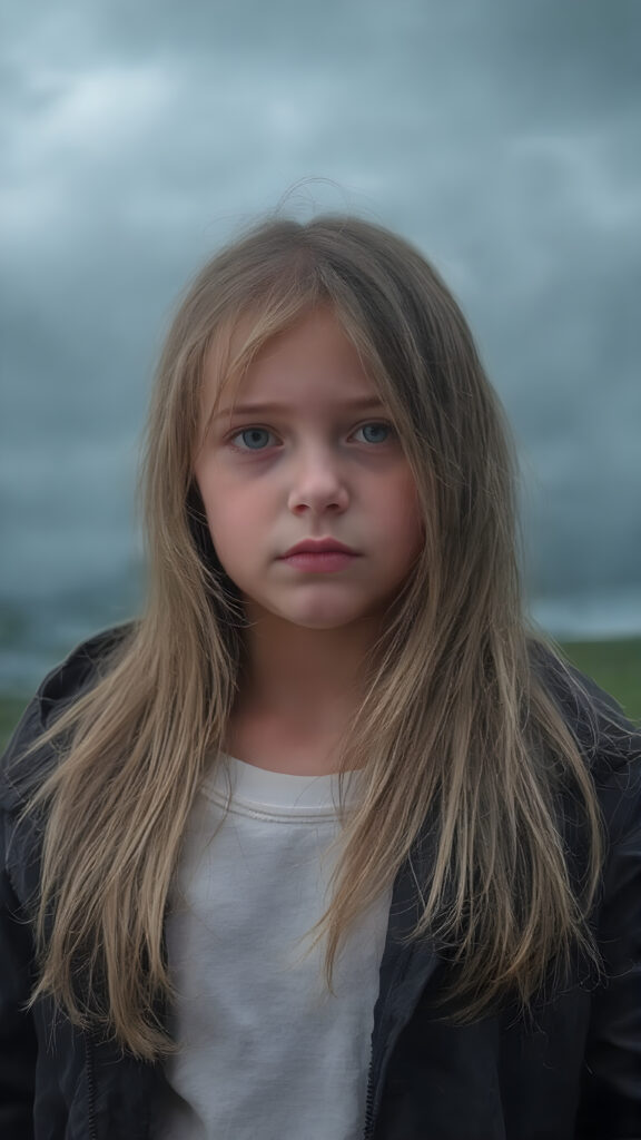 a young girl wears a jacket, the jacket is open, underneath she wears a white t-shirt, she has long, straight wet dark blond hair and stands in heavy rain, dark clouds in backdrop
