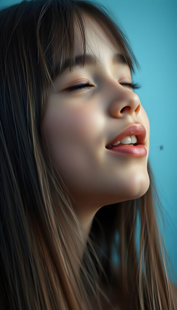 a young girl with long straight hair, in front, closed eyes, round face, full kissable lips, mouth wide open and looks up, white teeth, light blue backdrop, side view