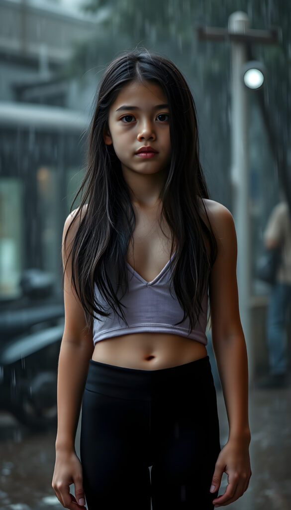 a young girl with cropped tank top, deep v-neck, leggins, long wavy straight black hair, ((accentuating her ((navel)), stand in heavy rain, wet hair