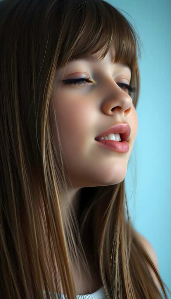 a young girl with long straight hair, in front, closed eyes, round face, full kissable lips, mouth wide open and looks up, white teeth, light blue backdrop, side view