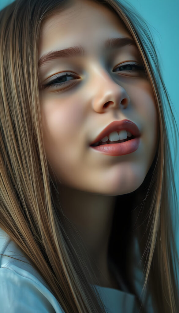 a young girl with long straight hair, in front, closed eyes, round face, full kissable lips, mouth wide open and looks up, white teeth, light blue backdrop, side view