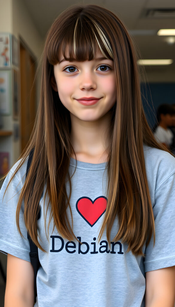 a young nerd girl, long straight open brown soft hair with white highlights, bangs, her hair has the same length right and left, (she wears a grey thin t-shirt with the inscription ("I love Debian")))), detailed, all against a backdrop in school