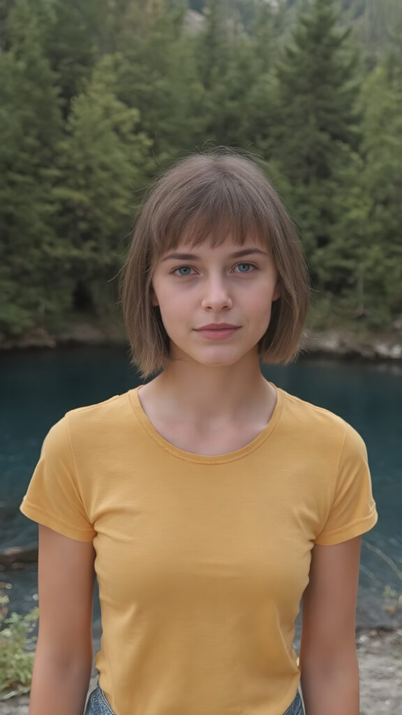 a young, stunning adult teen girl with a yellow thin short t-shirt stands in front of a deep blue lake surrounded by a forest, she has short straight hair, perfect body