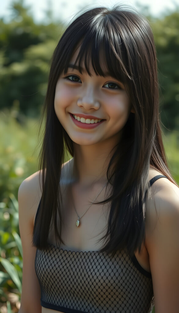 a young teen babe, dark straight soft hair, smile, in emo style, sunny green backdrop, she is wearing a thin, black mesh cropped tank top, deep neck.