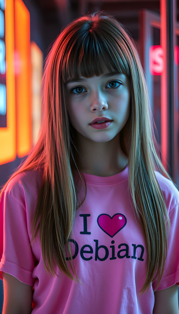 a young teen e-girl, long straight open COLOR soft hair with light brown highlights, bangs, her hair has the same length right and left, (she wears a pink t-shirt with the inscription ("I love Debian")))), cyberpunk style, all against a neon backdrop