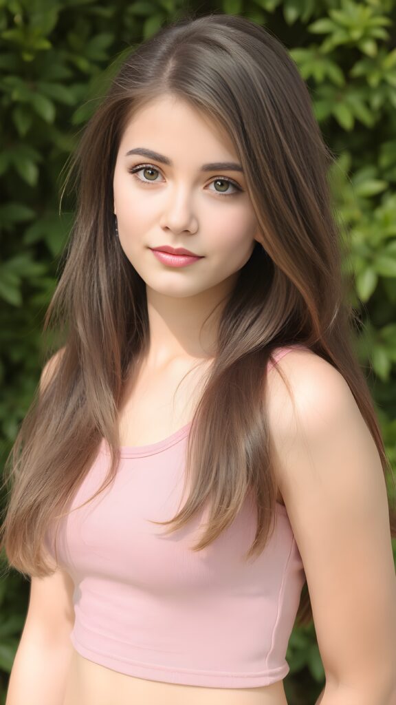 a (((young well busty teen girl))), wears a short cropped tank top, straight soft long brown hair, ((round face)), full kissable lips, round eyes, perfect skin, perfect curved body, side view, sunny green backdrop