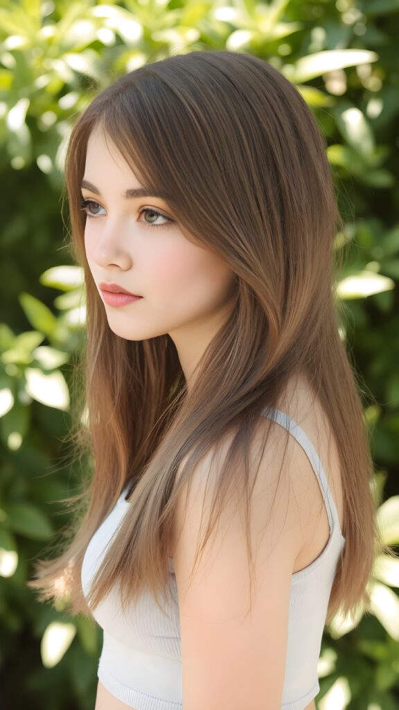 a (((young well busty teen girl))), wears a short cropped tank top, straight soft long brown hair, ((round face)), full kissable lips, round eyes, perfect skin, perfect curved body, side view, sunny green backdrop