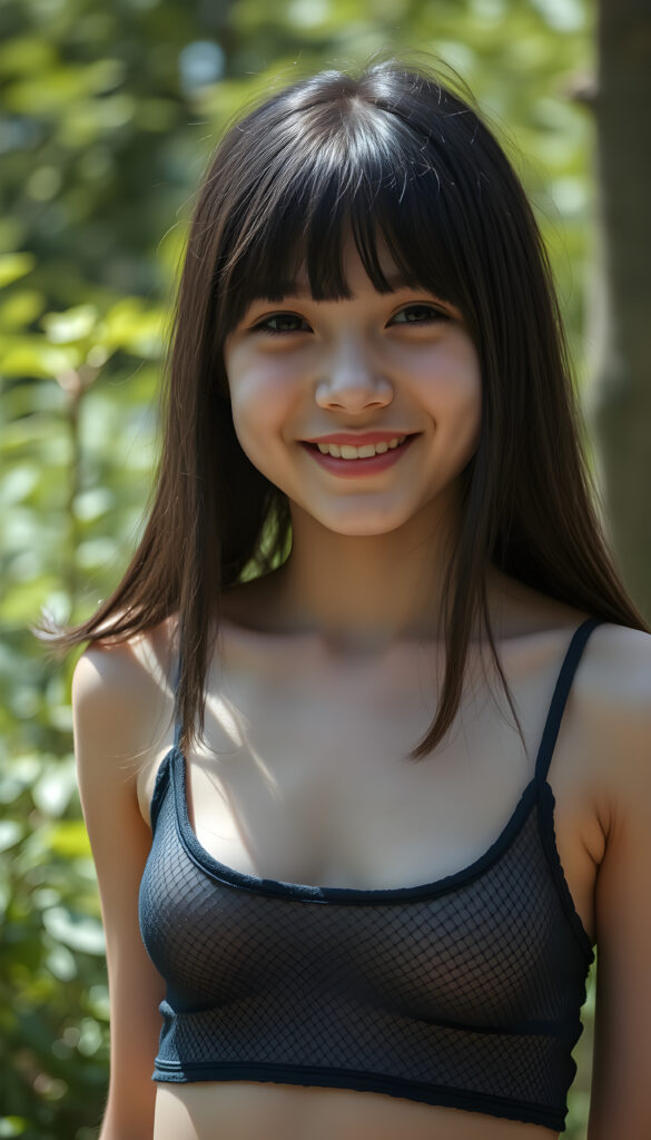 a young teen babe, dark straight soft hair, smile, in emo style, sunny green backdrop, she is wearing a thin, black mesh cropped tank top, deep neck.