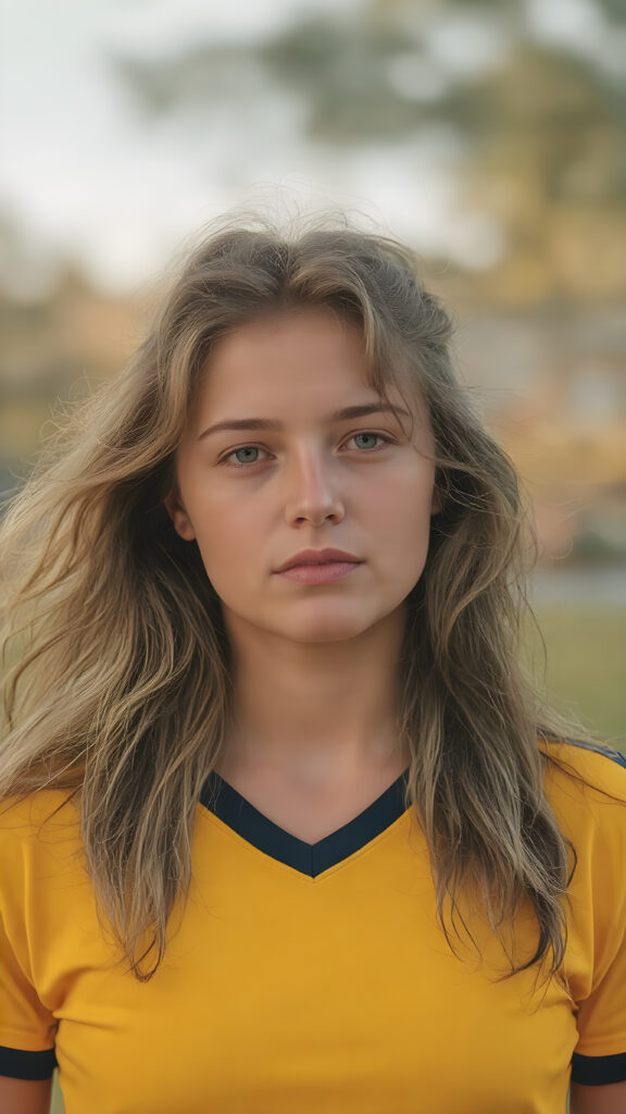 a young woman in a yellow plain soccer jersey and a perfect, athletic body.