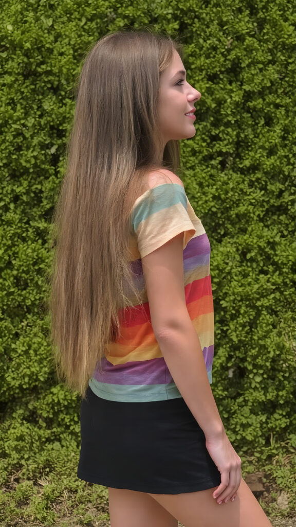 an adult girl, t-shirt in rainbow colors, black mini skirt, detailed, full body side view, straight hair fall down to her back, sunny green backdrop