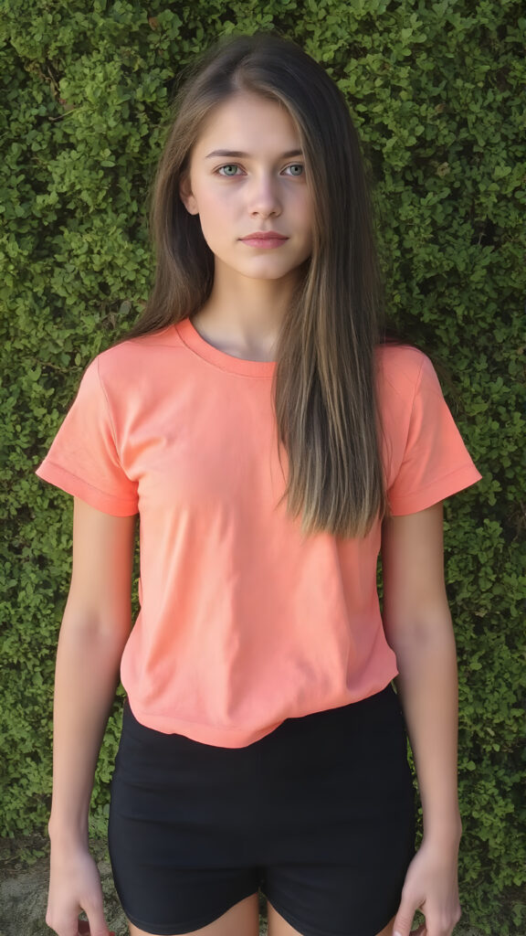 an adult girl, t-shirt in rainbow colors, black mini skirt, detailed, full body front view, straight hair fall down to her back, sunny green backdrop