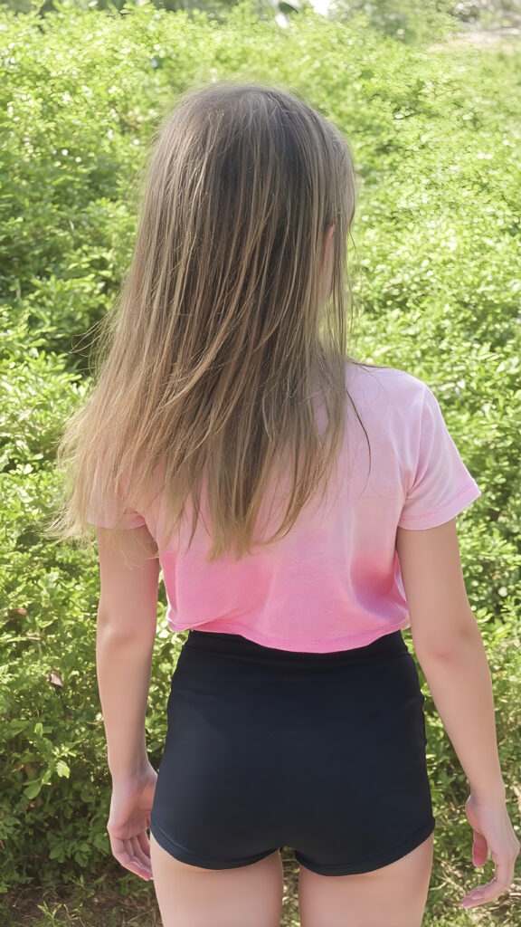 an adult girl, t-shirt in rainbow colors, black mini skirt, detailed, full body back view, straight hair fall down to her back, sunny green backdrop