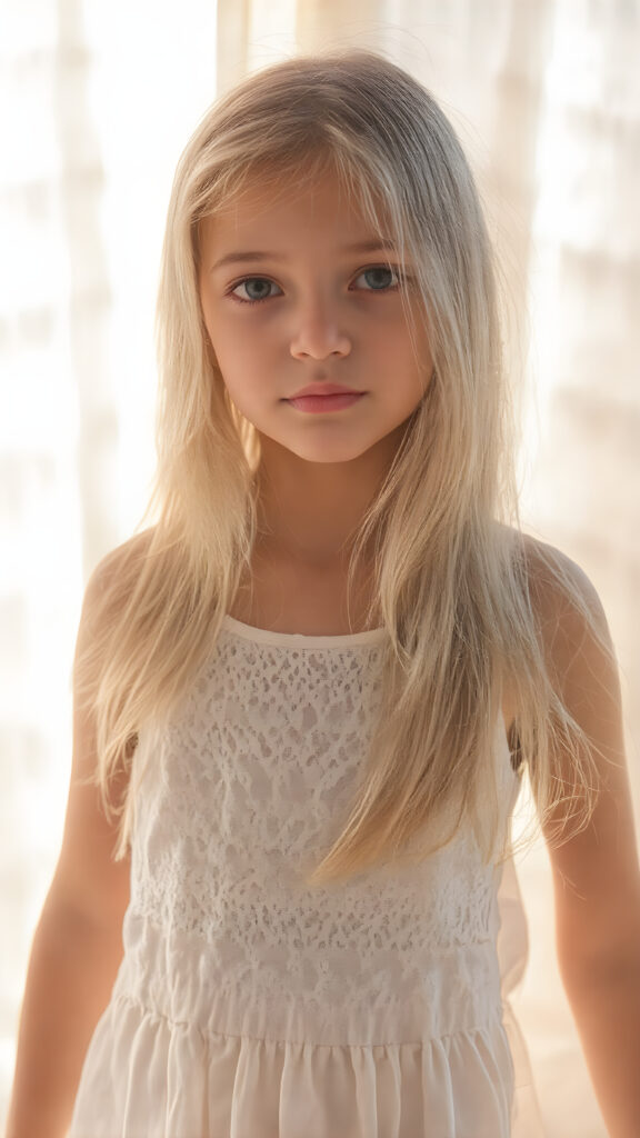 (((an hyper-realistic, highly-detailed, vivid full body photo in 8k resolution, with warm glowing highlights and soft, diffused lighting, backlit))) of a cute, innocent and beautiful young teen girl, with long, straight soft white hair, (fair skin), a (natural tan glow) from the sun, wearing a (white summer dress), and (a short white lacy dress), that brings out her (natural-toned legs). Her pose is (stunningly beautiful), with (perfect anatomy) and (hyper-realistic, detailed hands and fingers) that exude (charming cuteness). The image exudes (soft, diffused light) that gives off (warm, glowing highlights) and (dramatic, diffused shadows) that make her face and body (visible, contrasted against the natural-toned skin) in a (vivid, vibrant and dynamic full body photo), with (dynamic composition and movement) that brings out her (best features)