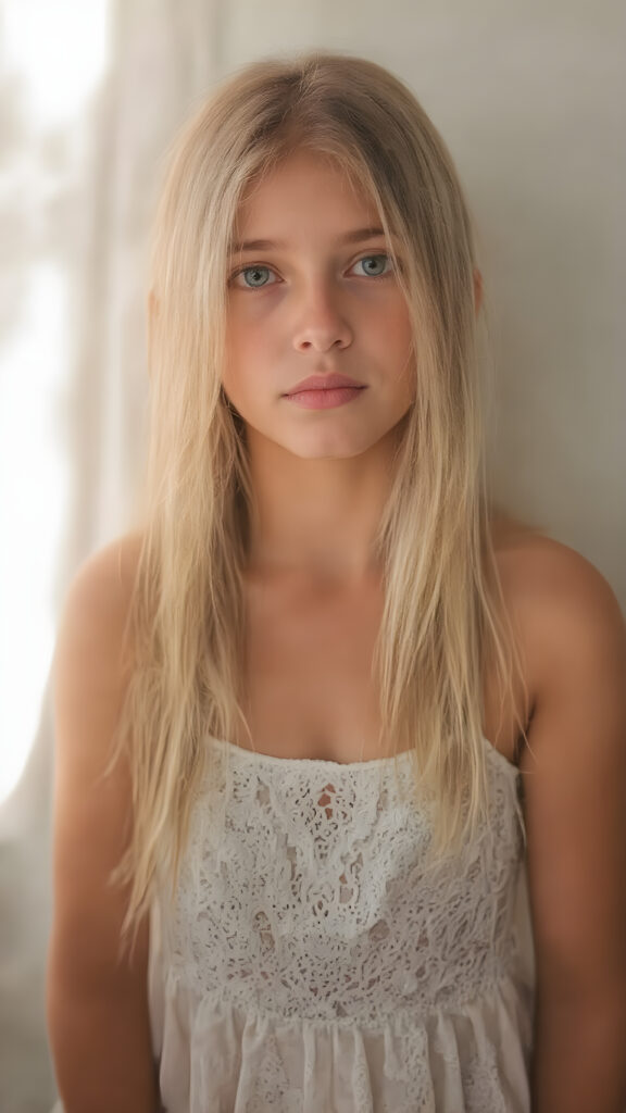 (((an hyper-realistic, highly-detailed, vivid full body photo in 8k resolution, with warm glowing highlights and soft, diffused lighting, backlit))) of a cute, innocent and beautiful young teen girl, with long, straight soft white hair, (fair skin), a (natural tan glow) from the sun, wearing a (white summer dress), and (a short white lacy dress), that brings out her (natural-toned legs). Her pose is (stunningly beautiful), with (perfect anatomy) and (hyper-realistic, detailed hands and fingers) that exude (charming cuteness). The image exudes (soft, diffused light) that gives off (warm, glowing highlights) and (dramatic, diffused shadows) that make her face and body (visible, contrasted against the natural-toned skin) in a (vivid, vibrant and dynamic full body photo), with (dynamic composition and movement) that brings out her (best features)