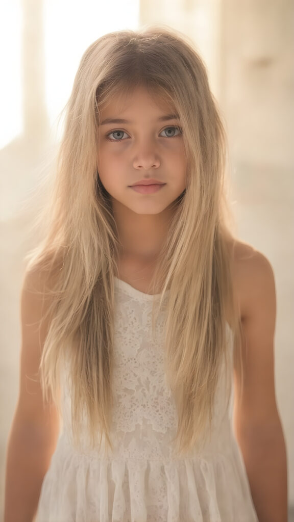 (((an hyper-realistic, highly-detailed, vivid full body photo in 8k resolution, with warm glowing highlights and soft, diffused lighting, backlit))) of a cute, innocent and beautiful young teen girl, with long, straight soft white hair, (fair skin), a (natural tan glow) from the sun, wearing a (white summer dress), and (a short white lacy dress), that brings out her (natural-toned legs). Her pose is (stunningly beautiful), with (perfect anatomy) and (hyper-realistic, detailed hands and fingers) that exude (charming cuteness). The image exudes (soft, diffused light) that gives off (warm, glowing highlights) and (dramatic, diffused shadows) that make her face and body (visible, contrasted against the natural-toned skin) in a (vivid, vibrant and dynamic full body photo), with (dynamic composition and movement) that brings out her (best features)