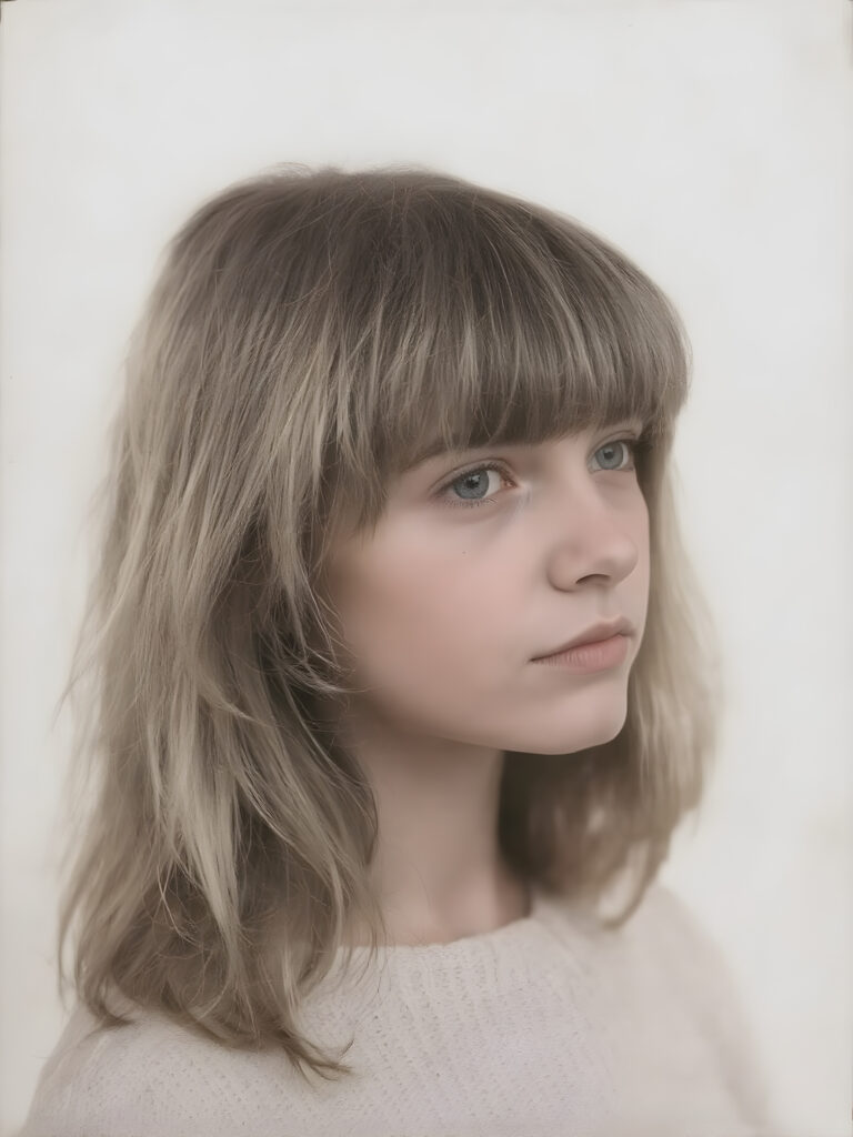 an old ((black and white close-up polaroid photo)), a breathtakingly realistic (((portrait))), capturing the essence of a youthful teen girl with a flawlessly proportioned upper body, long, straight soft hair, bangs cut, aged 15, wears a thin wool sweater, posed confidently before the viewer, ((a white canvas as a background)), ((side view))