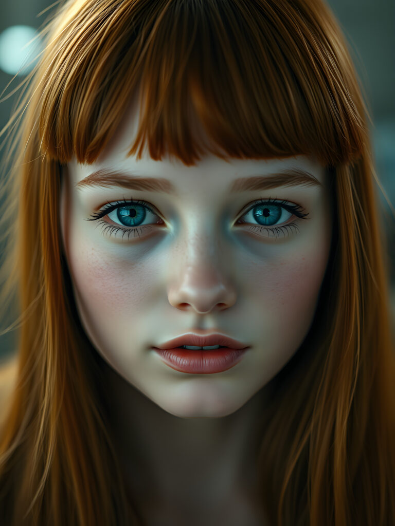 beautiful round face from a young stunning gorgeous girl, flawless silver skin, deep blue realistic eyes reflect the light, full red lips, symmetrical noise, mouth slightly open white teeth, straight soft open red amber hair frame her face, bangs cut