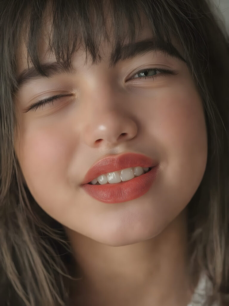 ((centered portrait)) a beautiful young cute teen girl with plump, full kissable red lips, a gentle face and fine, straight black hair, bangs. Her eyes are closed, flawless skin, wonderful make-up. She has white teeth and a small nose. Her face is round. The picture has something magical about it. Her mouth is wide open and the girl radiates pure desire, she looks up