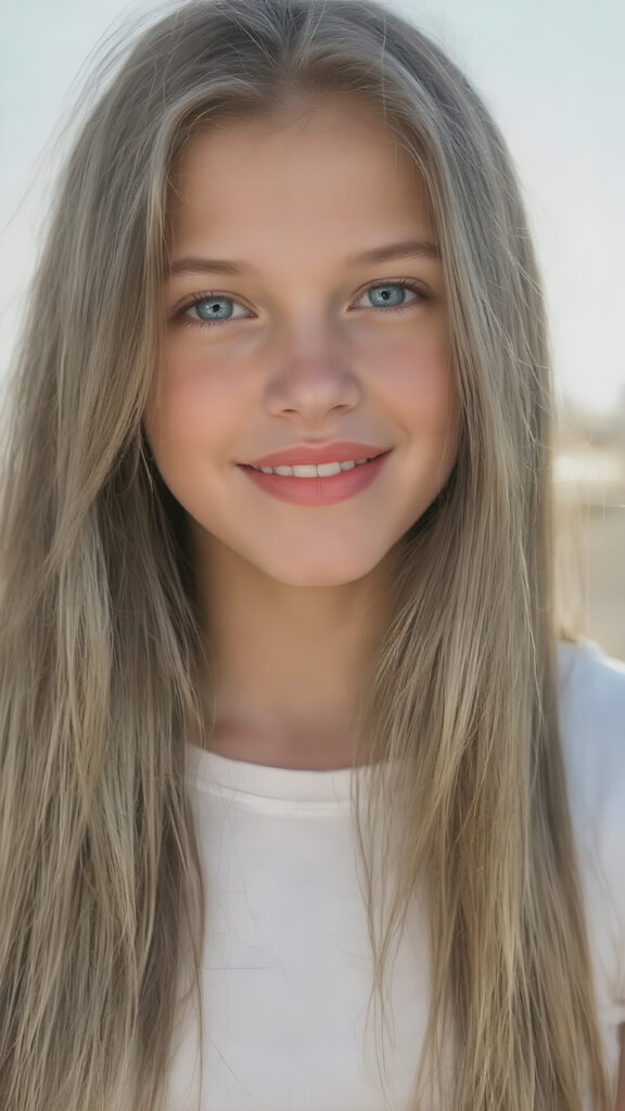 ((close-up)) a beautiful young adult girl, with (((extremely long, straight blond and brown hair (the hair extends far beyond her shoulders and flows down to her waist) and piercing blue eyes that reflect the sunlight around her face. She has (((perfectly sculpted white teeth, visible when she smiles. Her lips are full and painted in a (((bright red color) that accentuates her face. She wears a ((short tight white top)). The girl poses (((against a backdrop of a (clear sunny sky))). Perfect anatomy. Flawless skin. (((The girl has a flawless complexion and appears to be healthy and happy. Her hair is long, straight, smooth and shiny. The sun's rays shine on her face, illuminating any imperfections and highlights of her skin. The girl is fashionable dress, the outfit accentuates her youthful and innocent beauty.