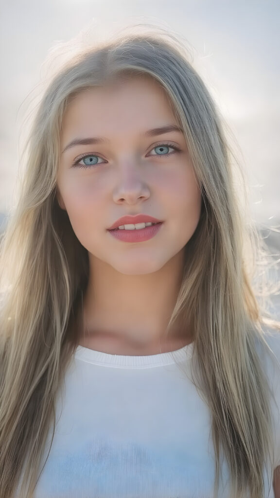 ((close-up)) a beautiful young adult girl, with (((extremely long, straight blond and brown hair (the hair extends far beyond her shoulders and flows down to her waist) and piercing blue eyes that reflect the sunlight around her face. She has (((perfectly sculpted white teeth, visible when she smiles. Her lips are full and painted in a (((bright red color) that accentuates her face. She wears a ((short tight white top)). The girl poses (((against a backdrop of a (clear sunny sky))). Perfect anatomy. Flawless skin. (((The girl has a flawless complexion and appears to be healthy and happy. Her hair is long, straight, smooth and shiny. The sun's rays shine on her face, illuminating any imperfections and highlights of her skin. The girl is fashionable dress, the outfit accentuates her youthful and innocent beauty.
