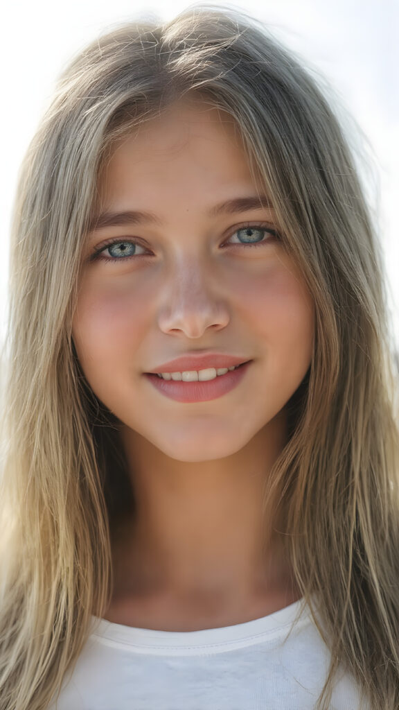 ((close-up)) a beautiful young adult girl, with (((extremely long, straight blond and brown hair (the hair extends far beyond her shoulders and flows down to her waist) and piercing blue eyes that reflect the sunlight around her face. She has (((perfectly sculpted white teeth, visible when she smiles. Her lips are full and painted in a (((bright red color) that accentuates her face. She wears a ((short tight white top)). The girl poses (((against a backdrop of a (clear sunny sky))). Perfect anatomy. Flawless skin. (((The girl has a flawless complexion and appears to be healthy and happy. Her hair is long, straight, smooth and shiny. The sun's rays shine on her face, illuminating any imperfections and highlights of her skin. The girl is fashionable dress, the outfit accentuates her youthful and innocent beauty.