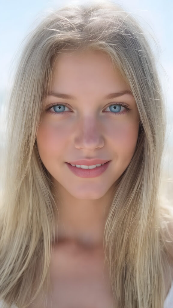 ((close-up)) a beautiful young adult girl, with (((extremely long, straight blond and brown hair (the hair extends far beyond her shoulders and flows down to her waist) and piercing blue eyes that reflect the sunlight around her face. She has (((perfectly sculpted white teeth, visible when she smiles. Her lips are full and painted in a (((bright red color) that accentuates her face. She wears a ((short tight white top)). The girl poses (((against a backdrop of a (clear sunny sky))). Perfect anatomy. Flawless skin. (((The girl has a flawless complexion and appears to be healthy and happy. Her hair is long, straight, smooth and shiny. The sun's rays shine on her face, illuminating any imperfections and highlights of her skin. The girl is fashionable dress, the outfit accentuates her youthful and innocent beauty.