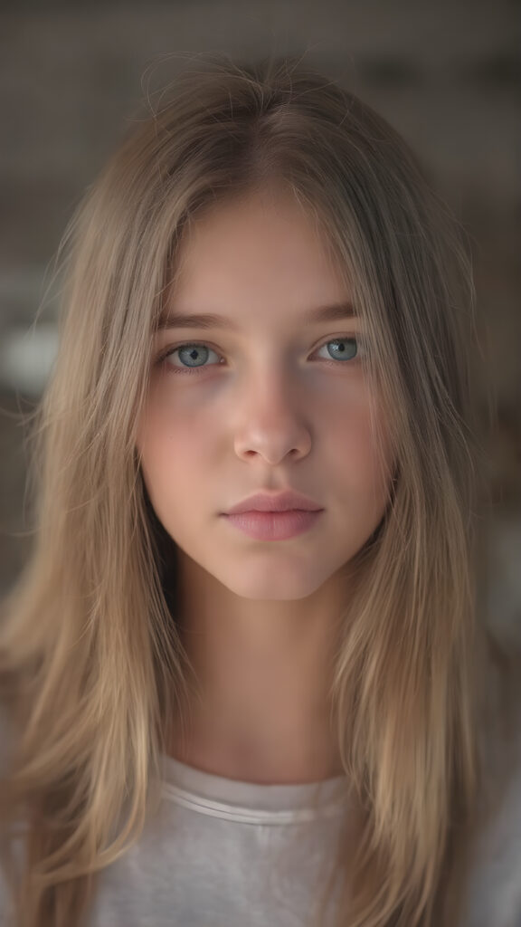 close-up portrait, a cute innocent nerd teen girl, detailed straight soft hair, perfect curved body, ((stunning)) ((gorgeous)) ((realistic, detailed)) ((empty background)) ((cinemaic lights))