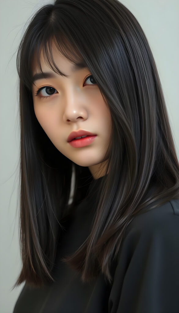 close up portrait photo from a breathtakingly stunning Korean girl with shoulder long, sleek black hair and brown nightlights in a stylish blowout, bangs, same length, perfect bob cut