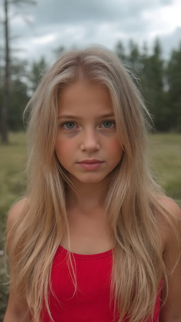 closeup photo of a beautiful girl with long silky blonde soft hair, wearing a red short tank top, in an summer wood, dark clouds hang overhead and it is dusk, gorgeous, stunning, detailed
