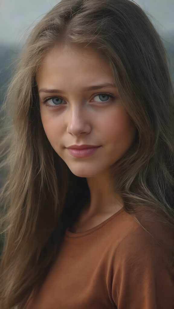 create a portrait, the picture shows a young girl with an enigmatic smile, brown jet long hair, she looks to the viewer, she wears a brown t-shirt made of fine silk, she has a perfect curved body, all against a fantastic landscape
