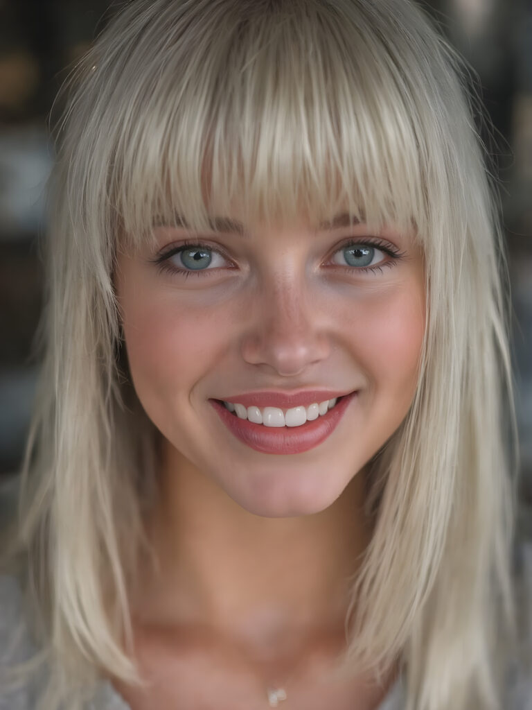 create a very realistic girl for myself, with straight white hair, bangs cut. She smiles and has a beautiful, round face with full, plump red lips and white teeth, the skin is flawlessly beautiful with a soft skin tone, her mouth is slightly open, she has beautiful emerald green eyes